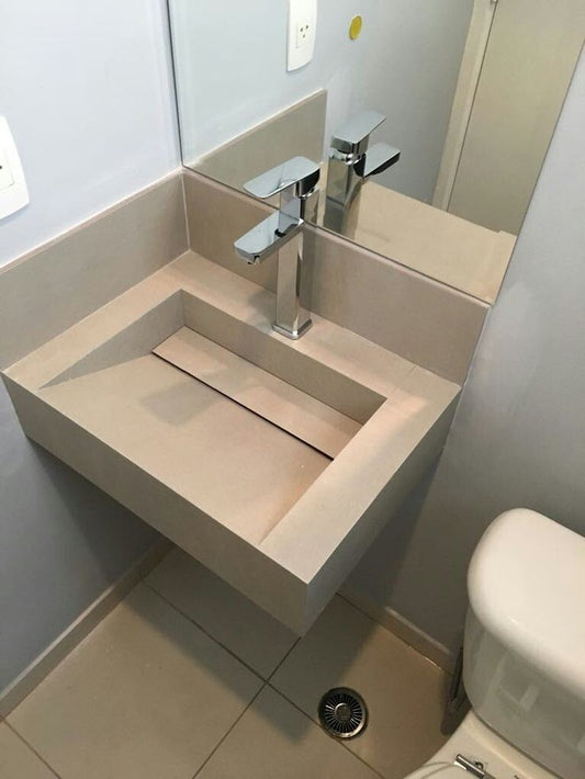Lavatório em porcelanato cinzento 50x45x15 ralo oculto com tampa