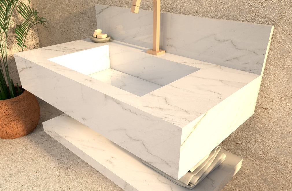 Lavatório em porcelanato branco tipo mármore com as medidas 90x45x20 ralo oculto com tampa