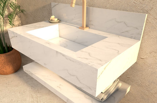 Lavatório em porcelanato branco tipo mármore com as medidas 90x45x20 ralo oculto com tampa