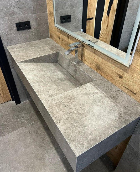 Lavatório em porcelanato cinzento cimento 120x45x15 com ralo oculto acesso inferior para limpeza