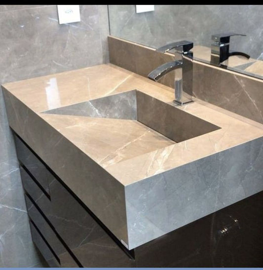 Lavatório em porcelanato estilo mármore cinzento 90x50x20 com ralo oculto