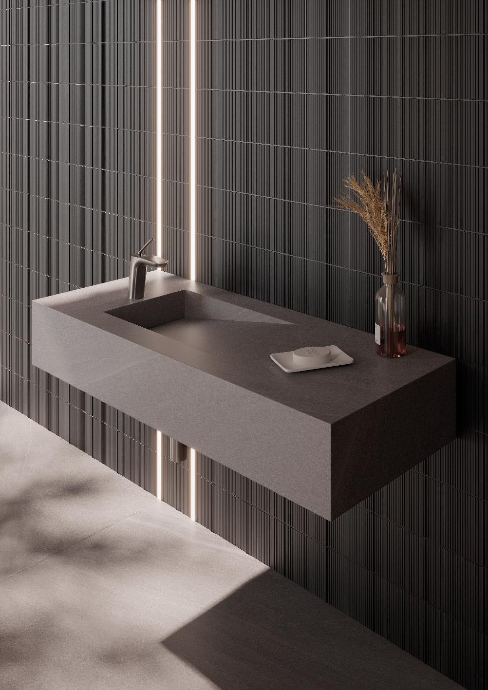 Lavatório em porcelanato cinzento fosco escuro 90x45x30