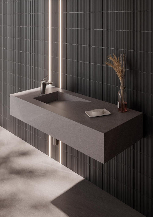 Lavatório em porcelanato cinzento fosco escuro 90x45x30