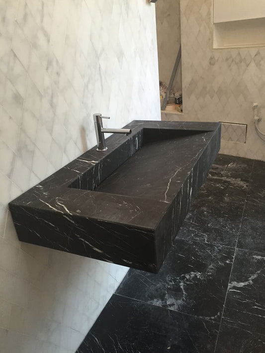 Lavatório em porcelano preto mat 100x45x15 ralo oculto, acesso inferior para limpeza